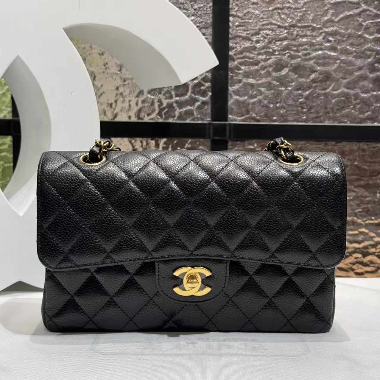 99新 Chanel/香奈儿 Chanel黑金荔枝牛小号cf斜挎包